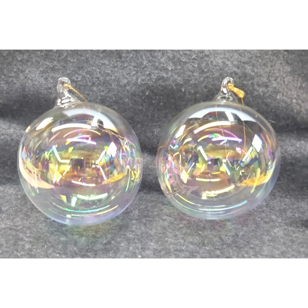 2 Clear Hand Blown Glass Christmas Ornaments Iridescent Etched Joy Peace
